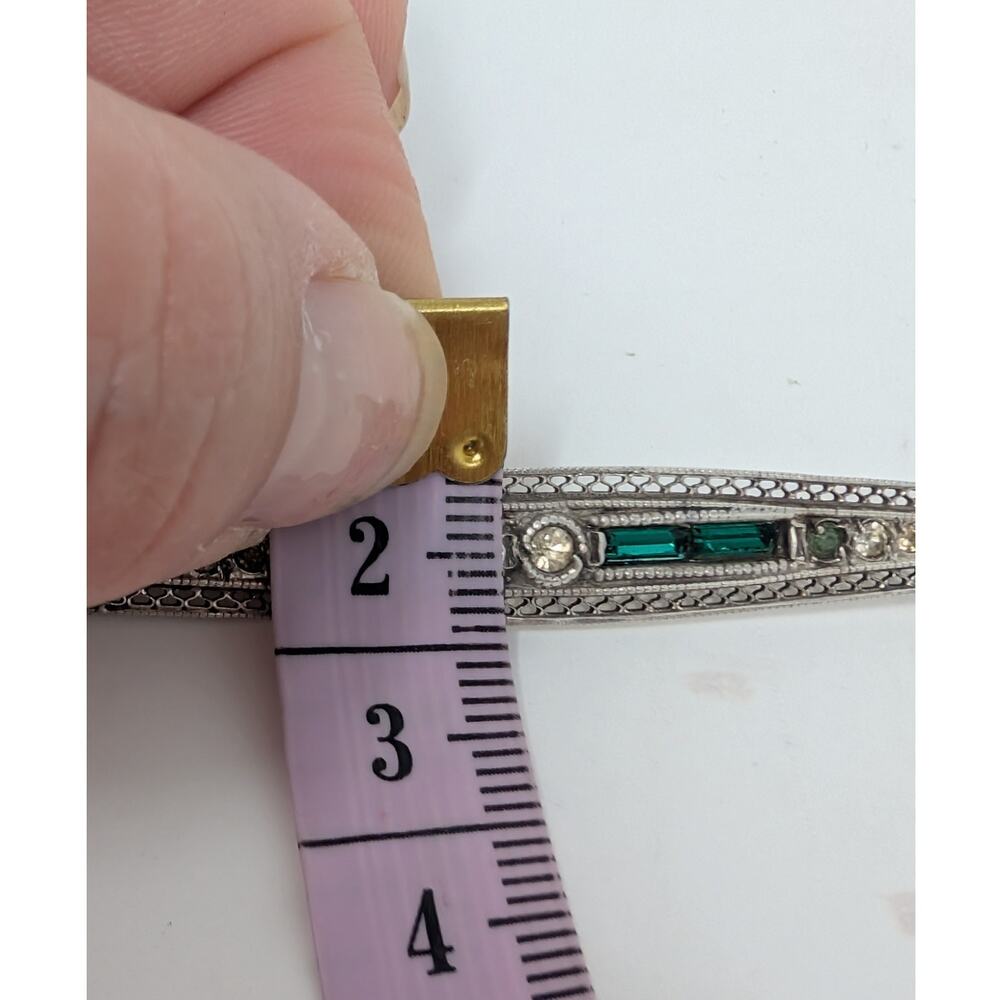 Vintage Art Deco Sterling Silver Green Baguette Rhinestone Bar Brooch - Picture 10 of 13